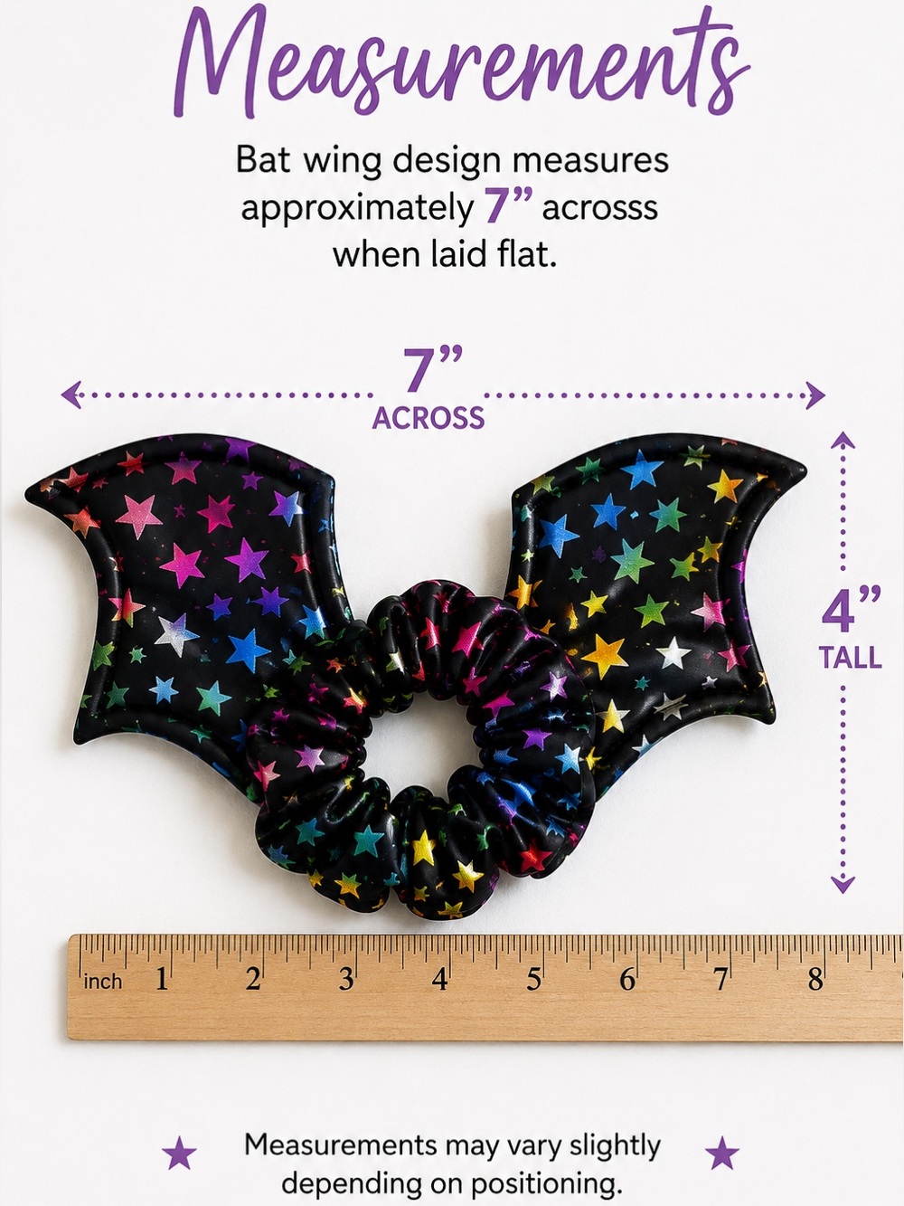 Bat Wing Scrunchie Hair Tie in Black, Silver or Rainbow Stars - Pick One - Picture 2 of 7